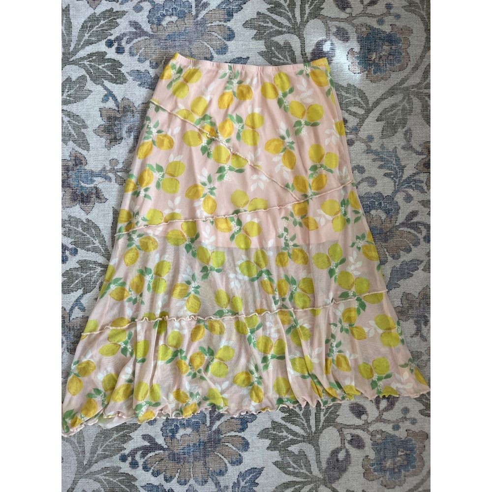 See You Monday Lemon Print Skirt Womens Small Pink Excellent Tiered Mesh Midi